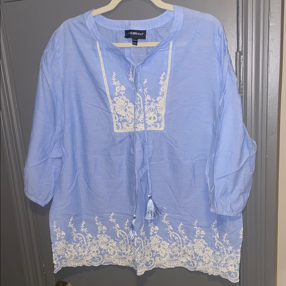 Lane Bryant Light Blue Embroidered Tassel Tunic